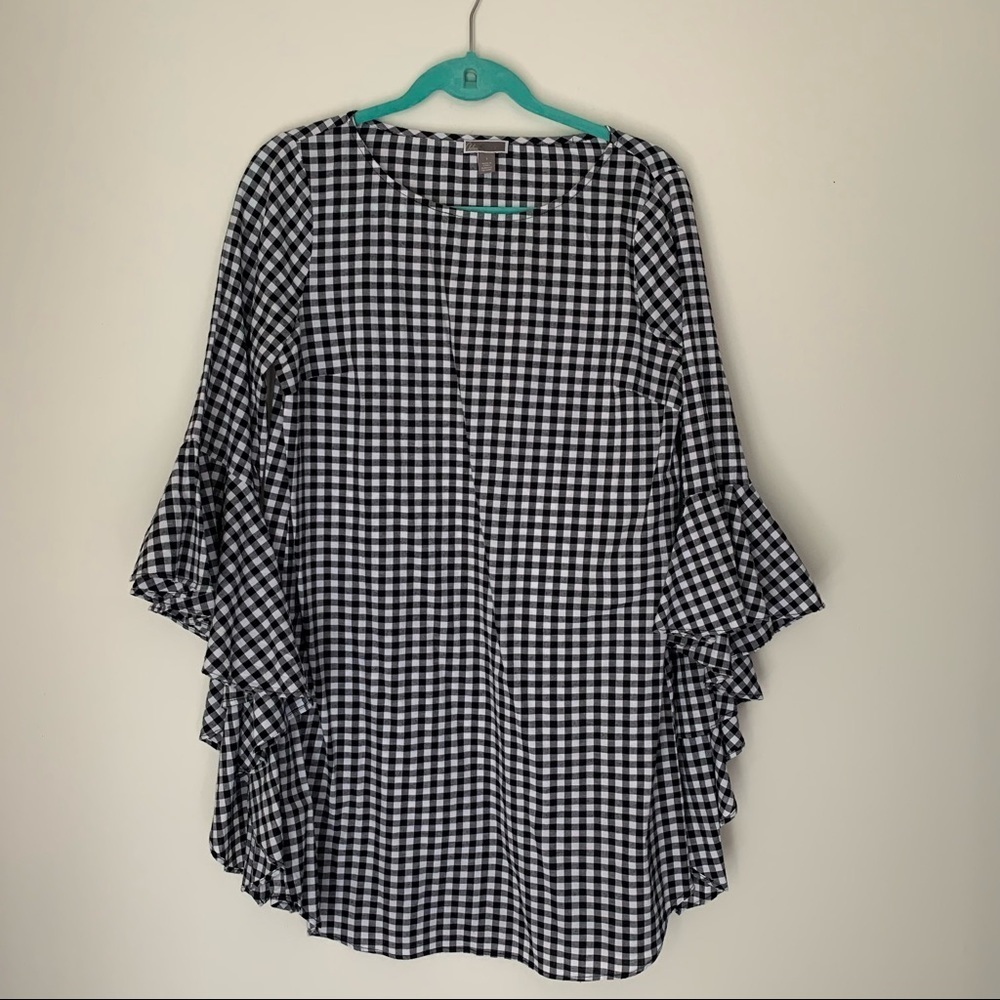 Chelsea28 black white gingham plaid bell sleeve dress S